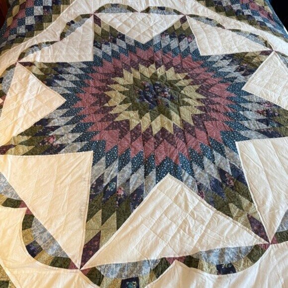 Vintage Lonestar Quilt Blue Yellow Green Patchwork Scalloped Edge - Picture 2 of 10